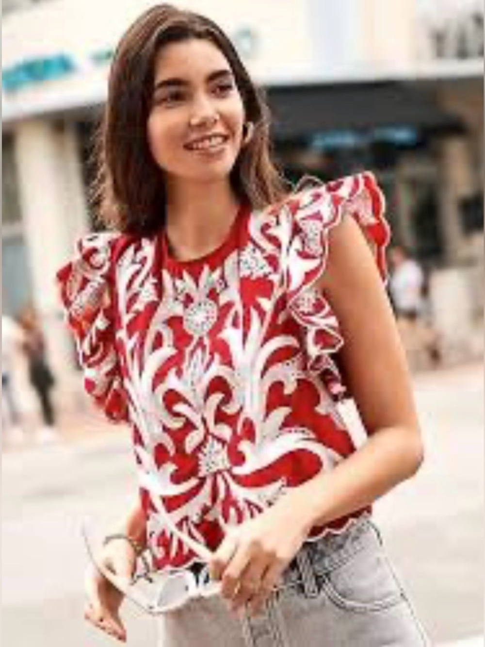 Express Embroidered Flutter Sleeve Crop Top - Large